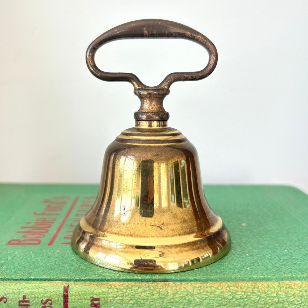 Vintage Solid Brass Hand Bell with Oval Handle 3.75 Inch Gold Tone Decorative